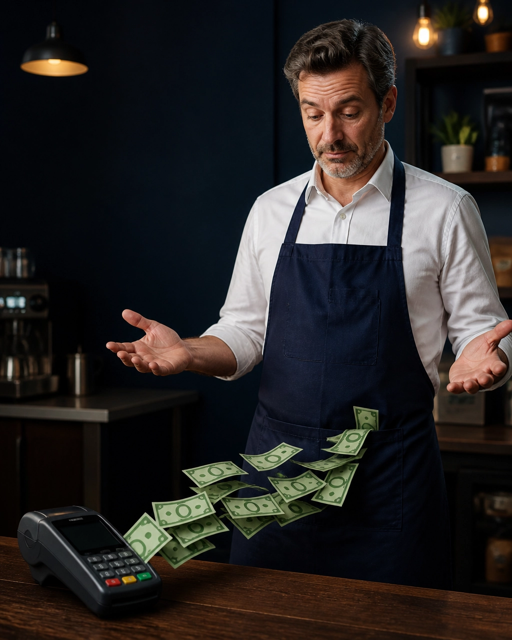 Small-business owner with both hands out of his pockets as fictional green bills stream from his apron pocket toward an angled payment terminal, representing processing fees.